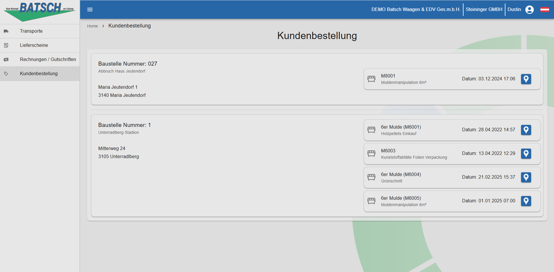 Hub Kundenportal Kundenbestellungen Uebersicht