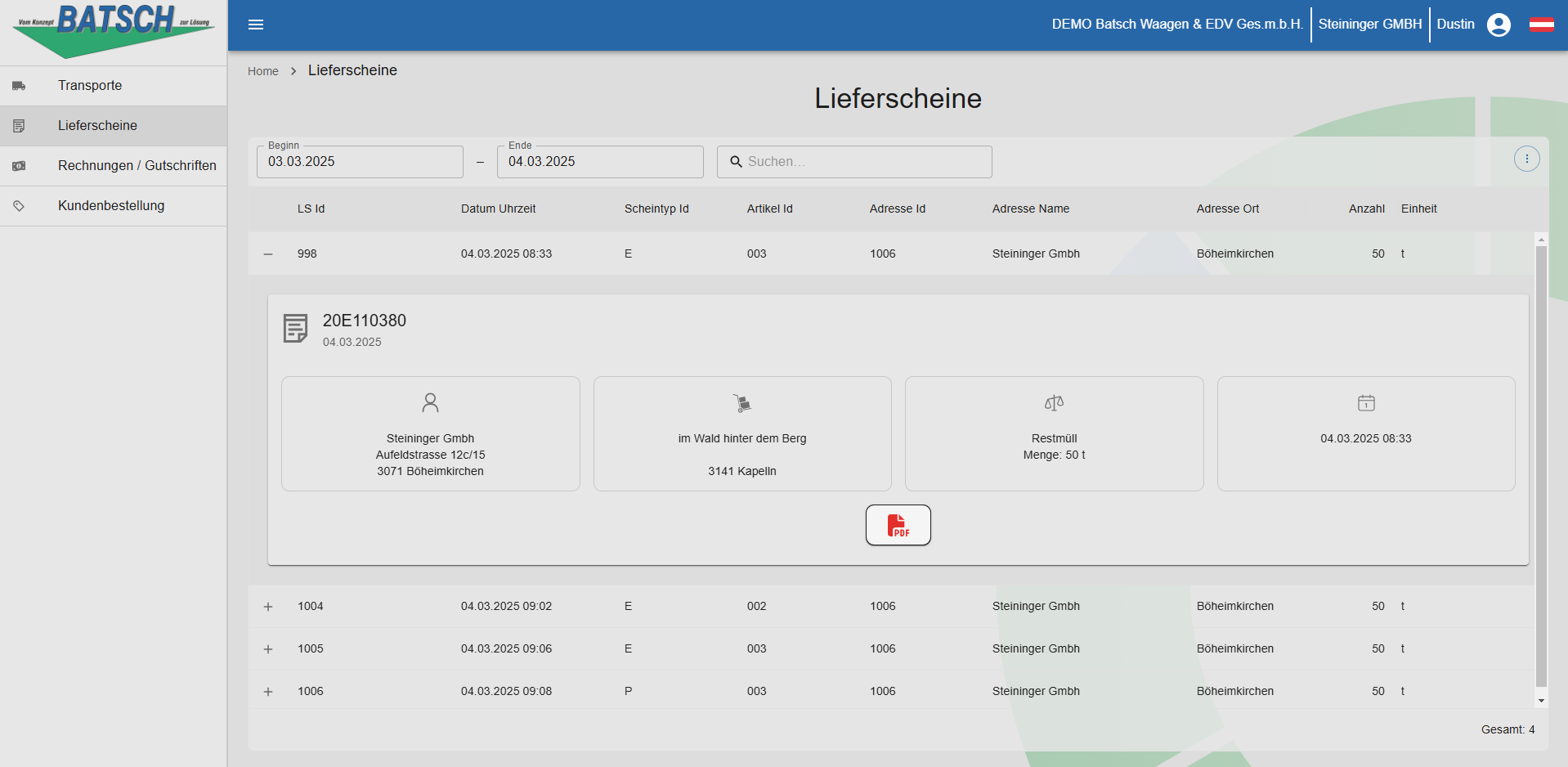 Hub Kundenportal Lieferscheine detail