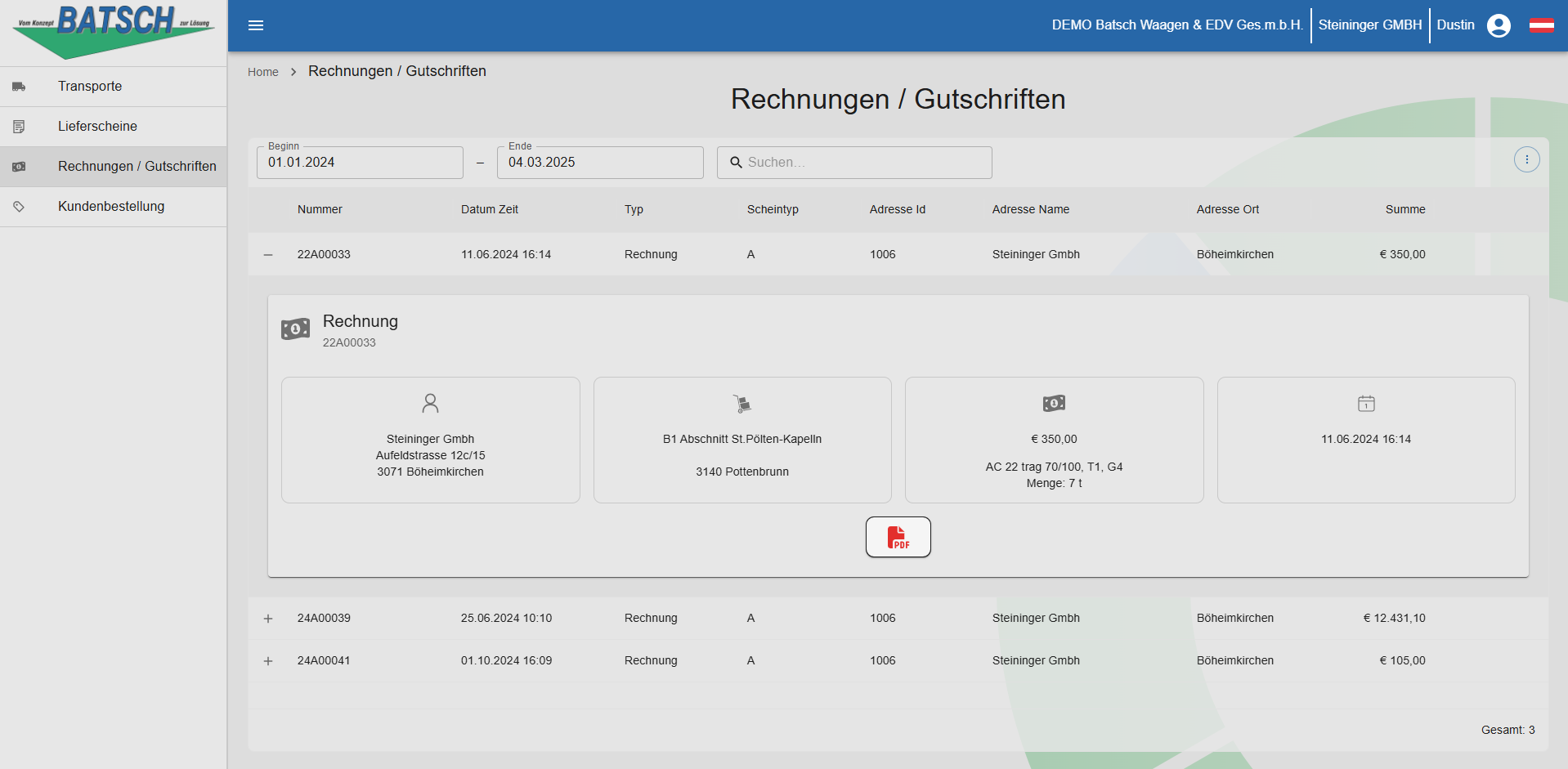 Hub Kundenportal Rechnungen / Gutschriften detail