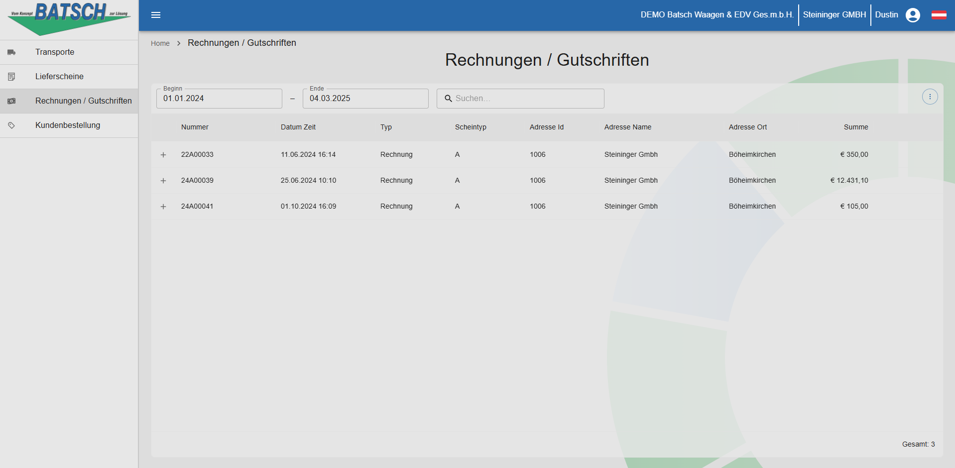 Hub Kundenportal Rechnungen / Gutschriften Uebersicht