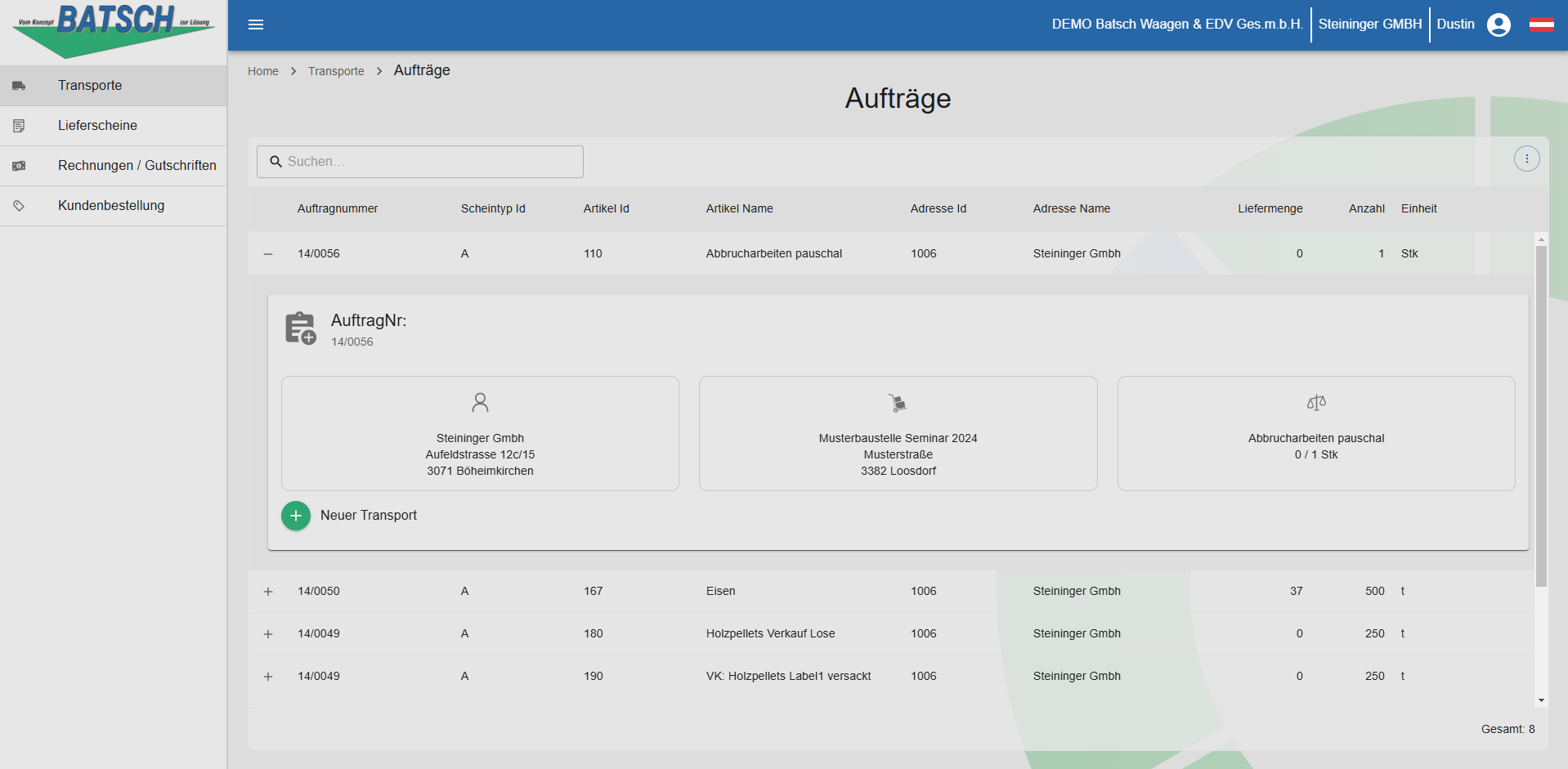 Hub Kundenportal Transporte Auftraege