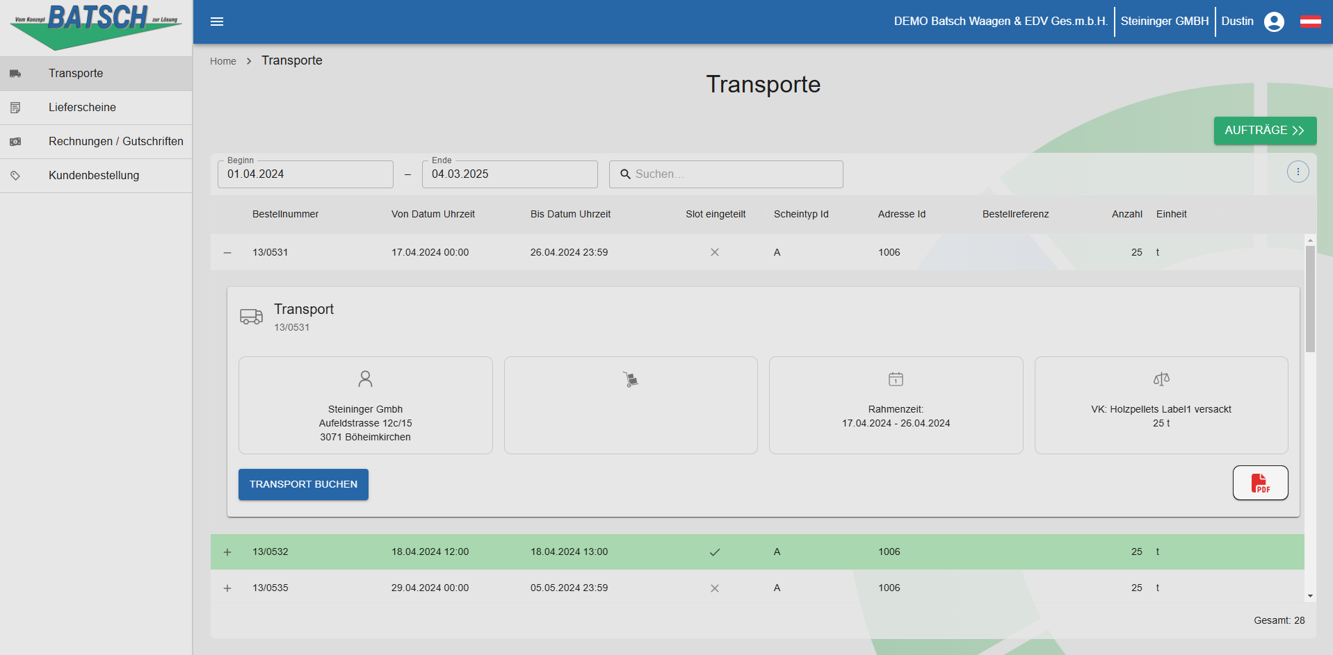Hub Kundenportal Transporte offen