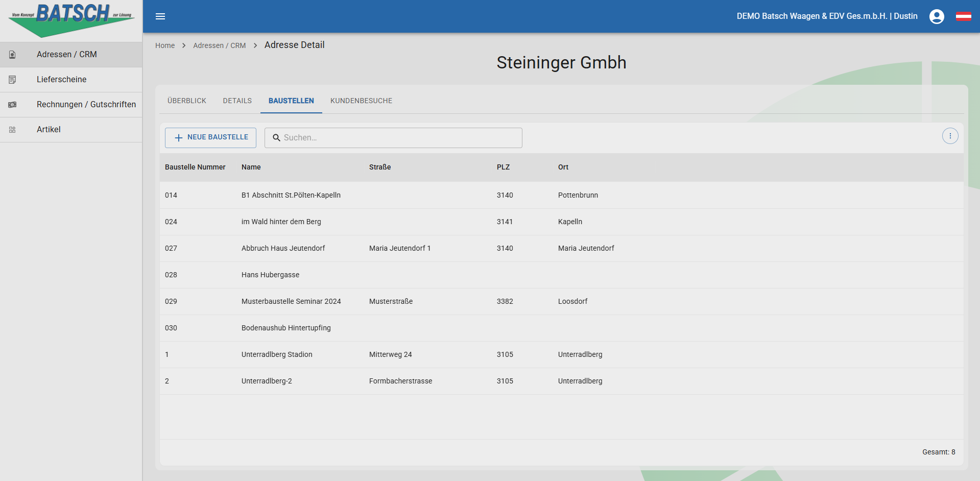 WebButler Adressen Baustellen