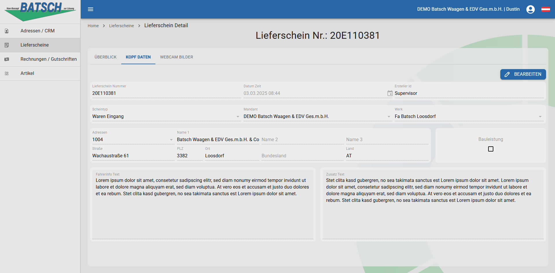 WebButler Lieferscheine Kopf Daten