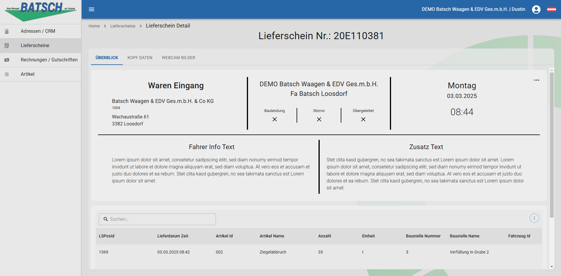 WebButler Lieferscheine Uebersicht