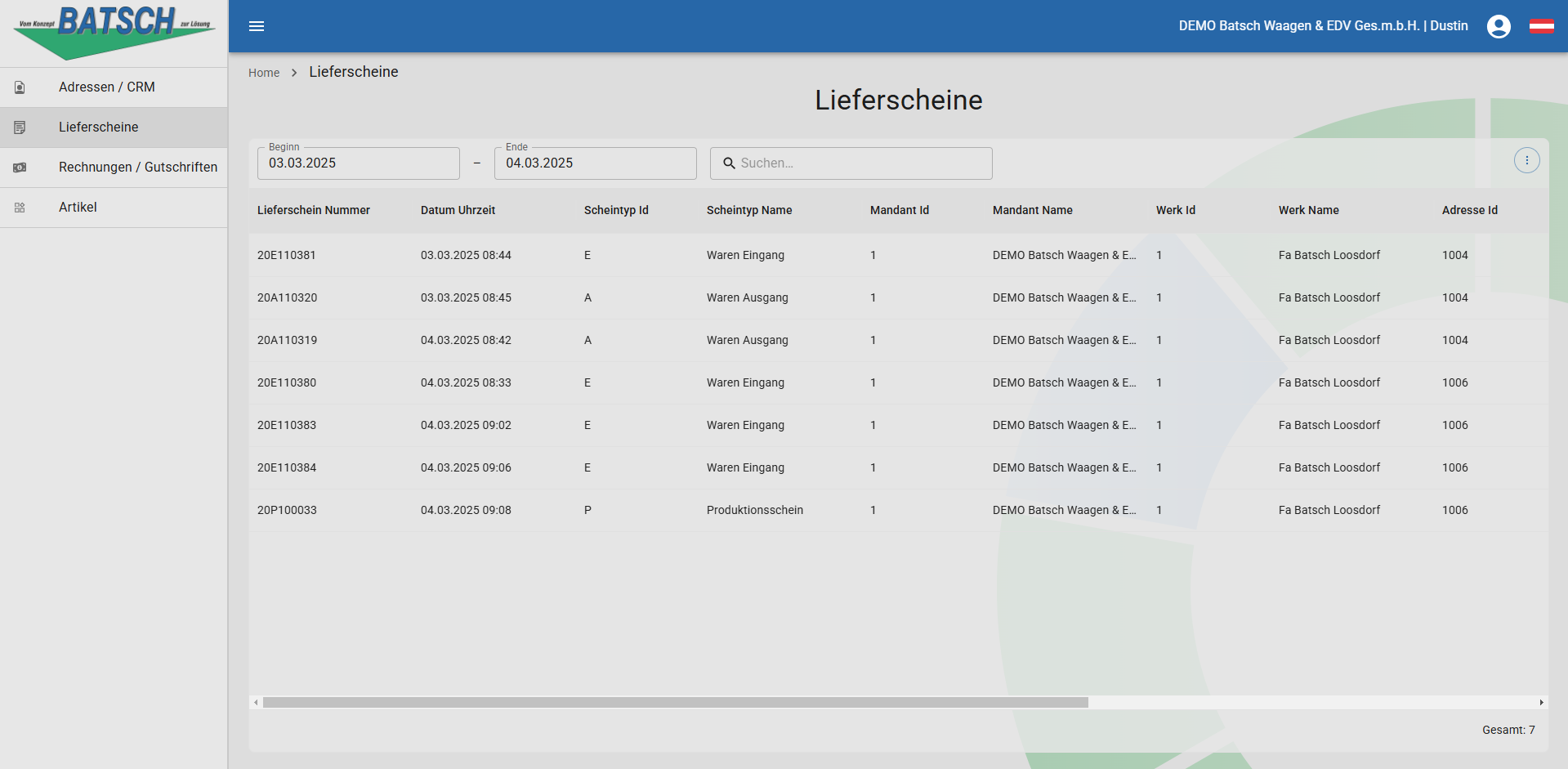 WebButler Lieferscheine Uebersicht