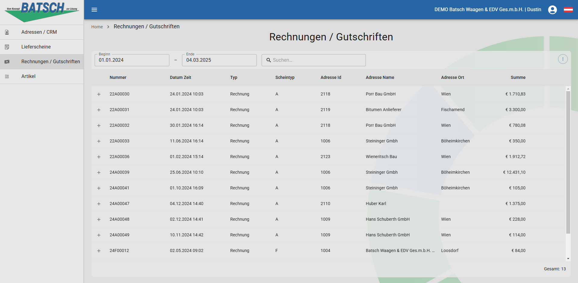 WebButler Rechnungen / Gutschriften Uebersicht